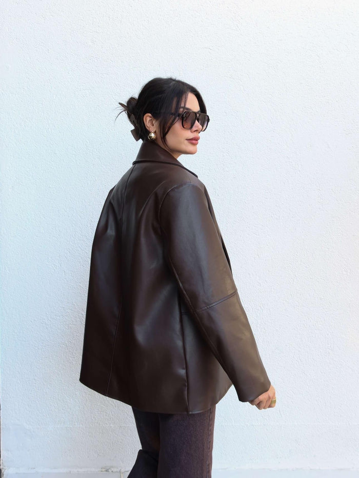 Düz Kesim Deri Blazer Ceket