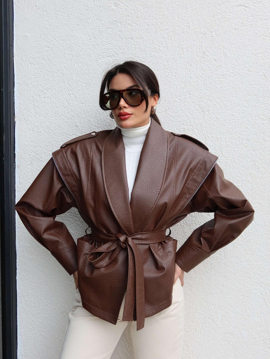 Fermuar Detay Kuşaklı Deri Ceket