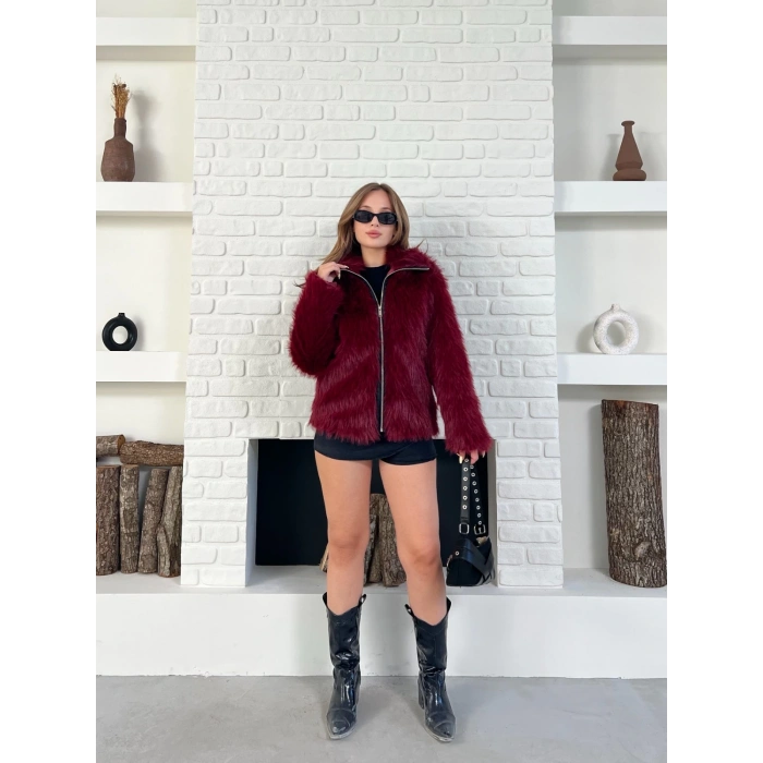 Fermuar Detaylı Velura Kürk Bordo