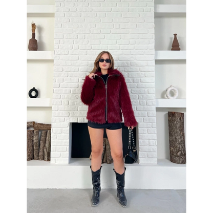 Fermuar Detaylı Velura Kürk Bordo