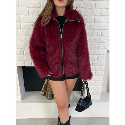Fermuar Detaylı Velura Kürk Bordo