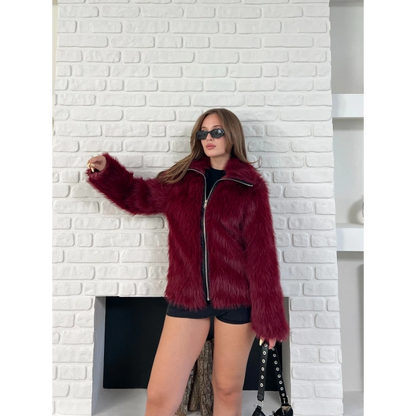 Fermuar Detaylı Velura Kürk Bordo