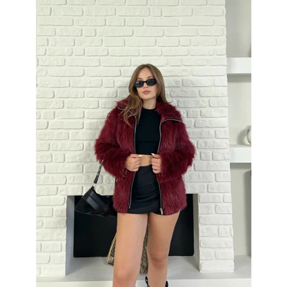 Fermuar Detaylı Velura Kürk Bordo