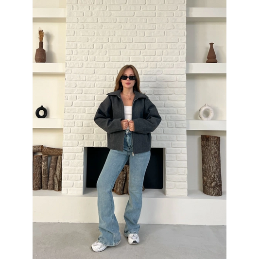 Fermuarlı Kaşe Kısa Ceket Antrasit