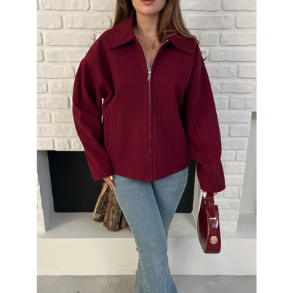 Fermuarlı Kaşe Kısa Ceket Bordo