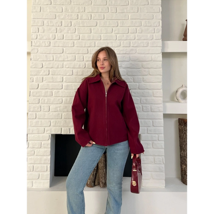 Fermuarlı Kaşe Kısa Ceket Bordo