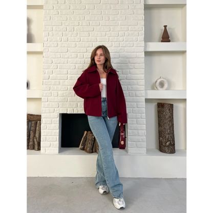Fermuarlı Kaşe Kısa Ceket Bordo