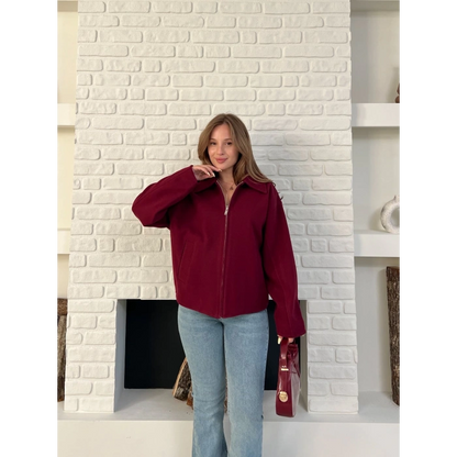 Fermuarlı Kaşe Kısa Ceket Bordo