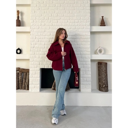 Fermuarlı Kaşe Kısa Ceket Bordo