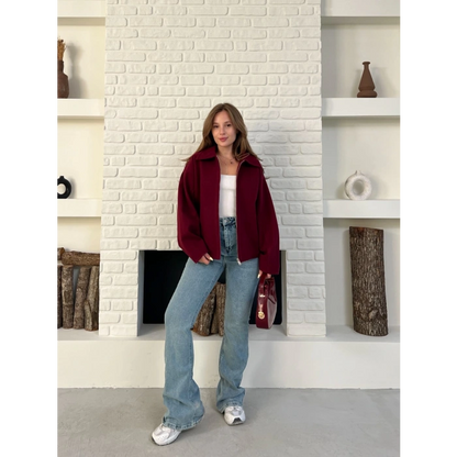Fermuarlı Kaşe Kısa Ceket Bordo