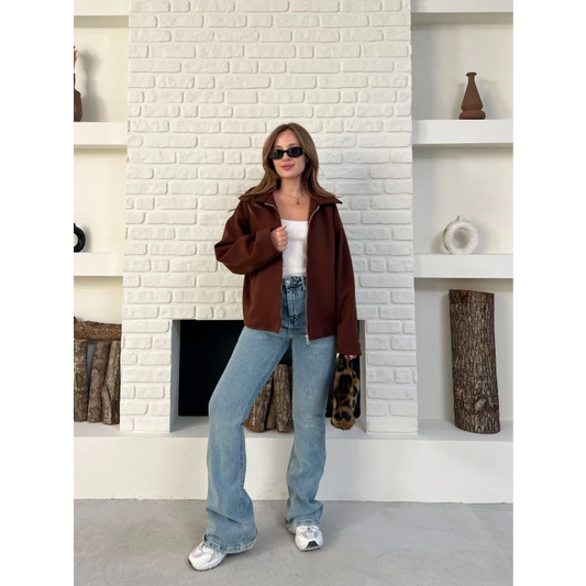 Fermuarlı Kaşe Kısa Ceket Kahverengi