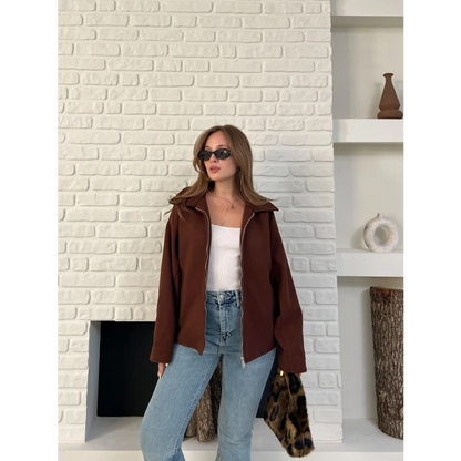 Fermuarlı Kaşe Kısa Ceket Kahverengi