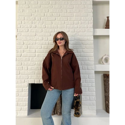 Fermuarlı Kaşe Kısa Ceket Kahverengi