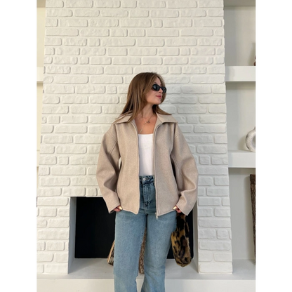 Fermuarlı Kaşe Kısa Ceket Krem
