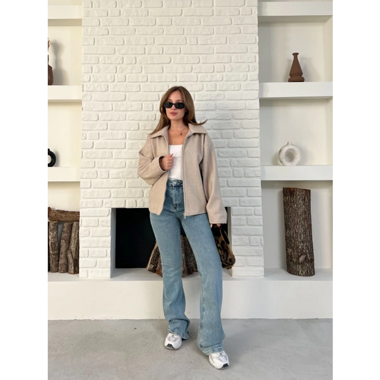 Fermuarlı Kaşe Kısa Ceket Krem