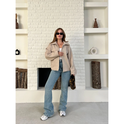 Fermuarlı Kaşe Kısa Ceket Krem