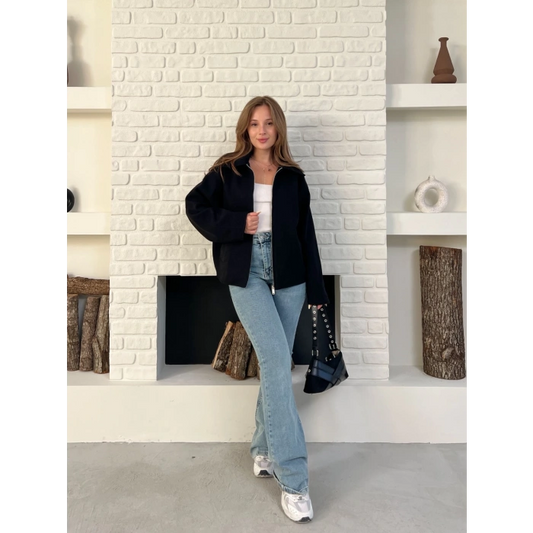 Fermuarlı Kaşe Kısa Ceket Siyah