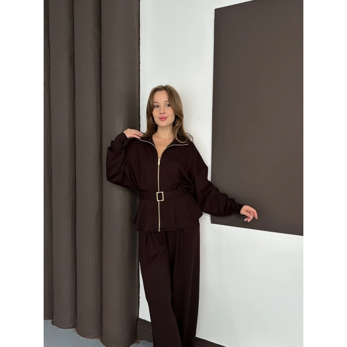 Fermuarlı Kemer Detaylı İkili Takım Acı Kahve
