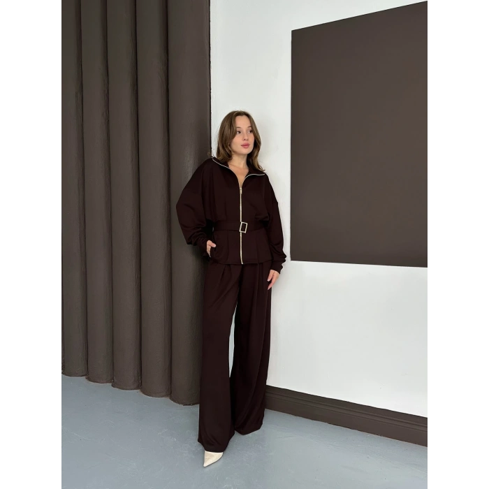 Fermuarlı Kemer Detaylı İkili Takım Acı Kahve