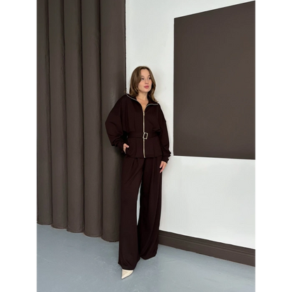 Fermuarlı Kemer Detaylı İkili Takım Acı Kahve