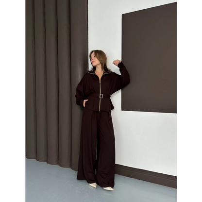 Fermuarlı Kemer Detaylı İkili Takım Acı Kahve