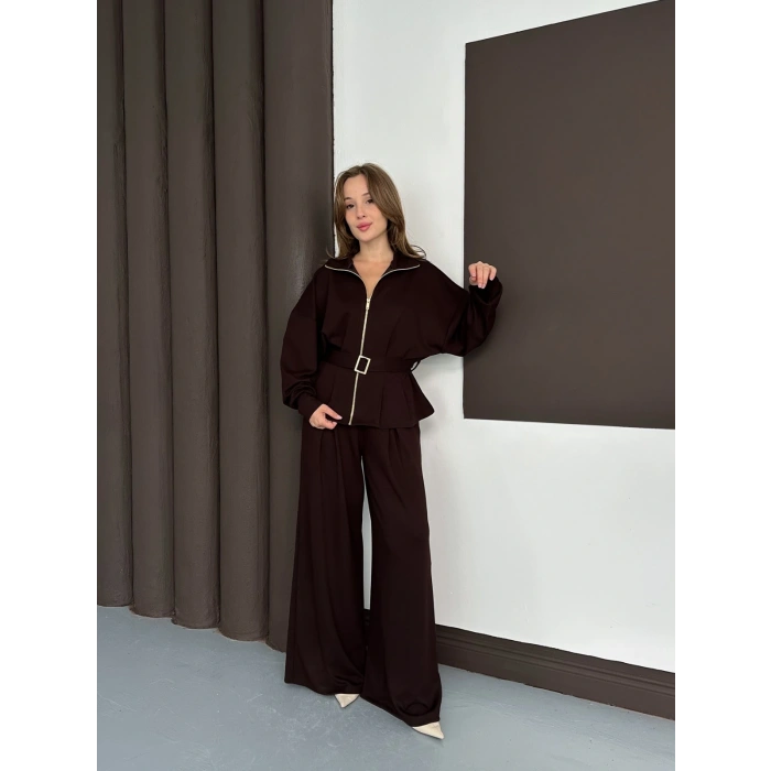 Fermuarlı Kemer Detaylı İkili Takım Acı Kahve