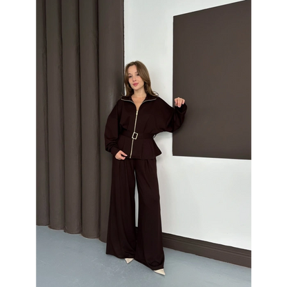 Fermuarlı Kemer Detaylı İkili Takım Acı Kahve