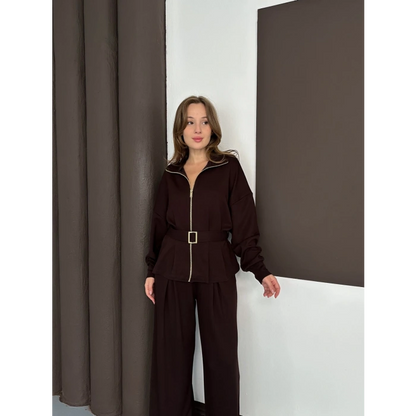 Fermuarlı Kemer Detaylı İkili Takım Acı Kahve