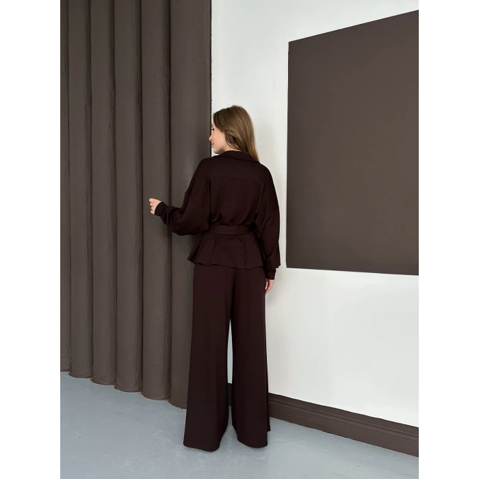 Fermuarlı Kemer Detaylı İkili Takım Acı Kahve