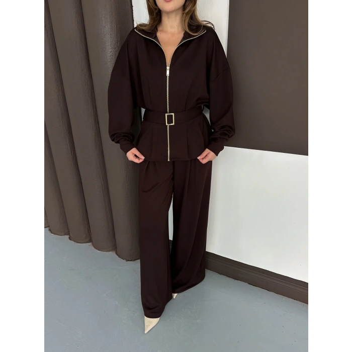 Fermuarlı Kemer Detaylı İkili Takım Acı Kahve