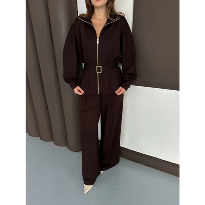 Fermuarlı Kemer Detaylı İkili Takım Acı Kahve