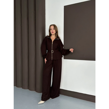 Fermuarlı Kemer Detaylı İkili Takım Acı Kahve