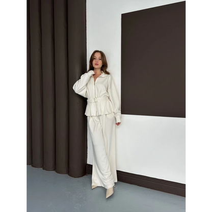 Fermuarlı Kemer Detaylı İkili Takım Beyaz