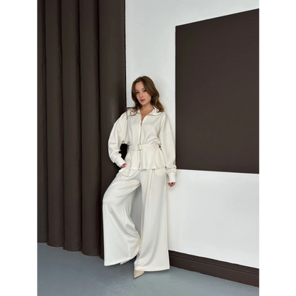 Fermuarlı Kemer Detaylı İkili Takım Beyaz