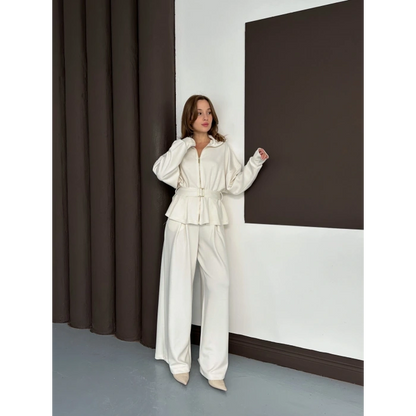 Fermuarlı Kemer Detaylı İkili Takım Beyaz