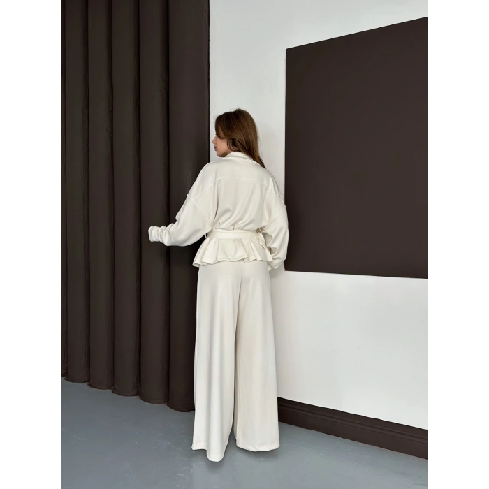 Fermuarlı Kemer Detaylı İkili Takım Beyaz