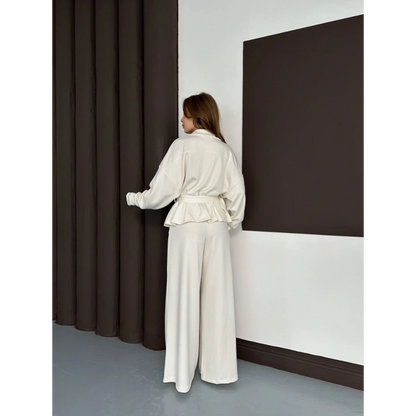 Fermuarlı Kemer Detaylı İkili Takım Beyaz