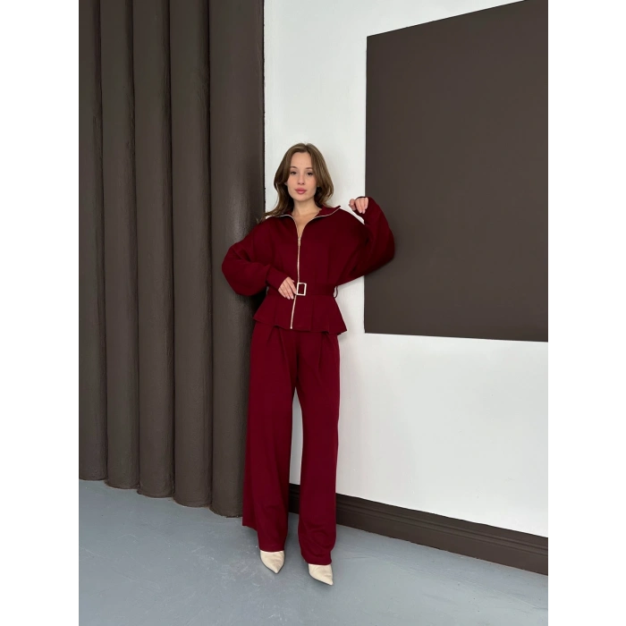 Fermuarlı Kemer Detaylı İkili Takım Bordo