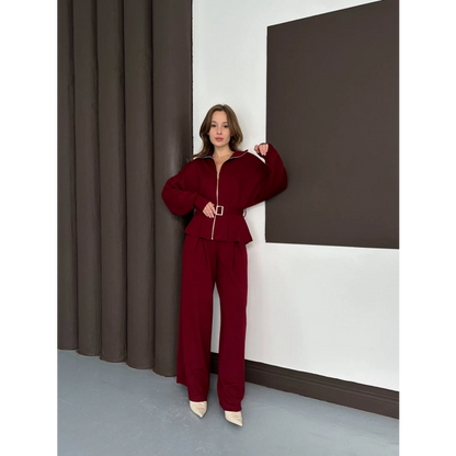 Fermuarlı Kemer Detaylı İkili Takım Bordo