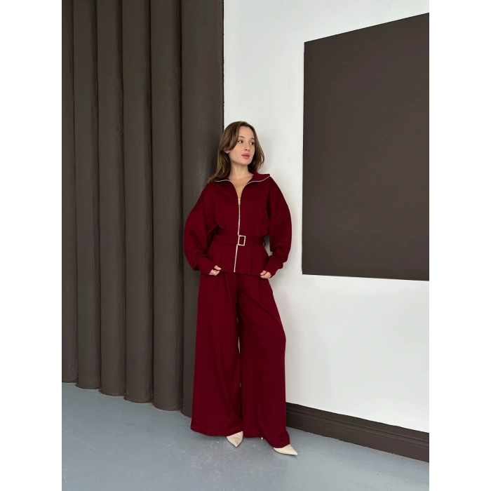 Fermuarlı Kemer Detaylı İkili Takım Bordo