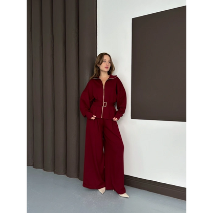 Fermuarlı Kemer Detaylı İkili Takım Bordo