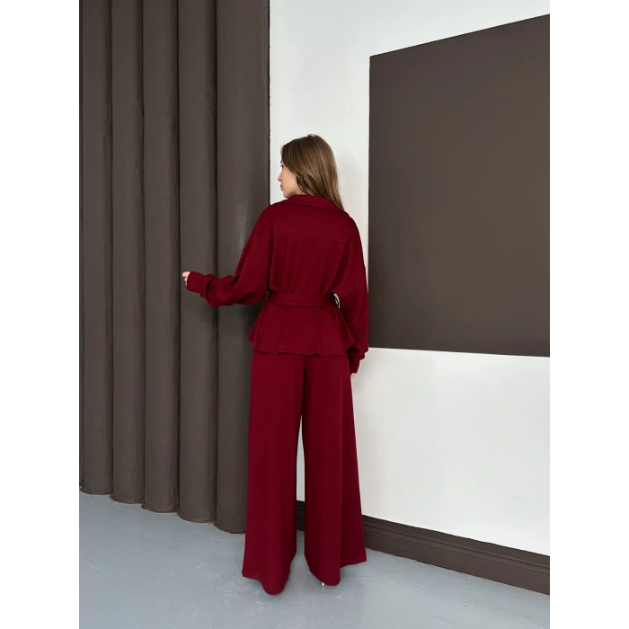 Fermuarlı Kemer Detaylı İkili Takım Bordo