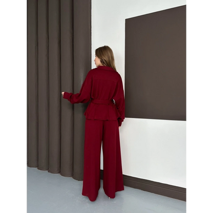 Fermuarlı Kemer Detaylı İkili Takım Bordo