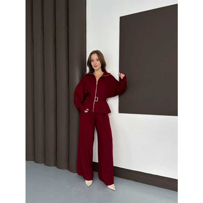 Fermuarlı Kemer Detaylı İkili Takım Bordo