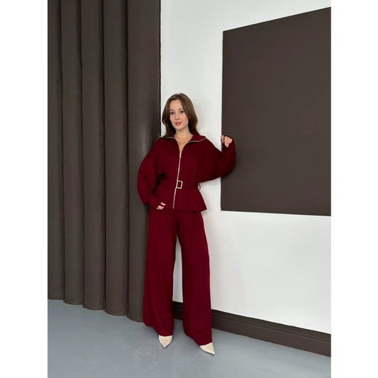 Fermuarlı Kemer Detaylı İkili Takım Bordo