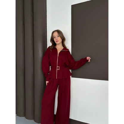 Fermuarlı Kemer Detaylı İkili Takım Bordo
