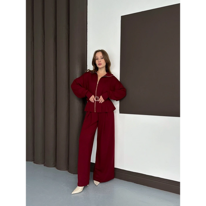 Fermuarlı Kemer Detaylı İkili Takım Bordo