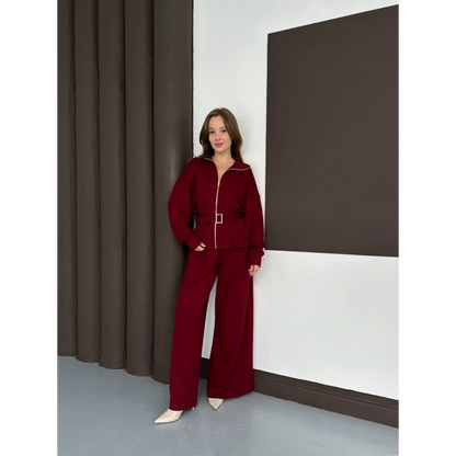 Fermuarlı Kemer Detaylı İkili Takım Bordo