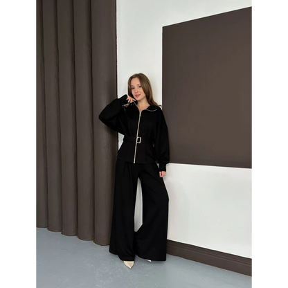 Fermuarlı Kemer Detaylı İkili Takım Siyah