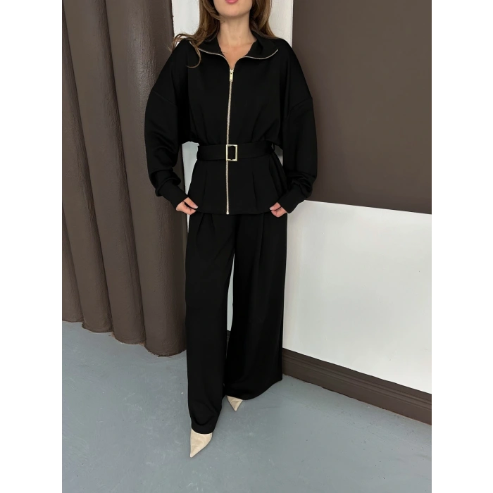 Fermuarlı Kemer Detaylı İkili Takım Siyah